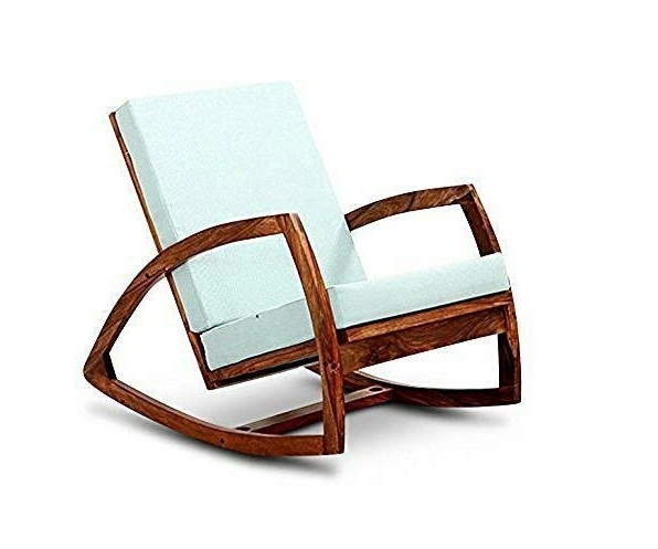 Furnisquare Sheesham Wood Rocking Chair With Cushion (Sky Blue) & Relaxing Chair for Garden and Living Room (Natural Finish)