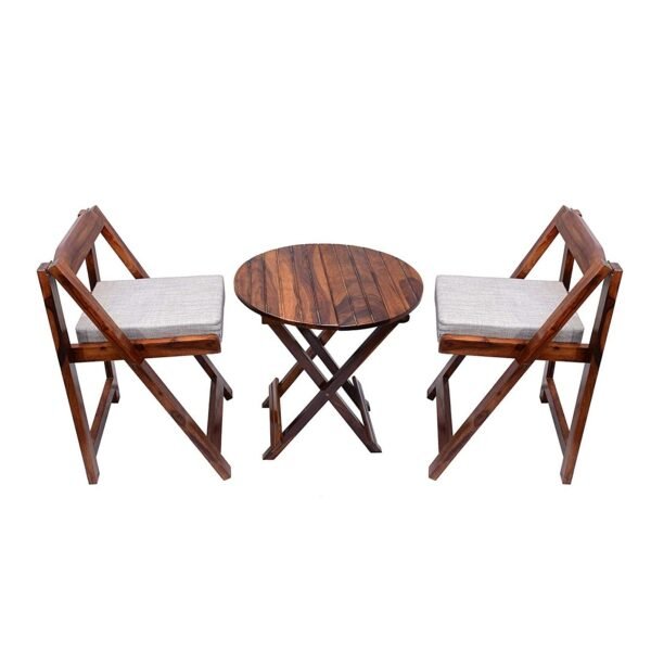 Furnisquare Sheesham Wood Round Coffee Tea Table Set with 2 Cushioned Folding Chairs for Patio,Balcony,Garden and Outdoor - Rich Walnut Finish