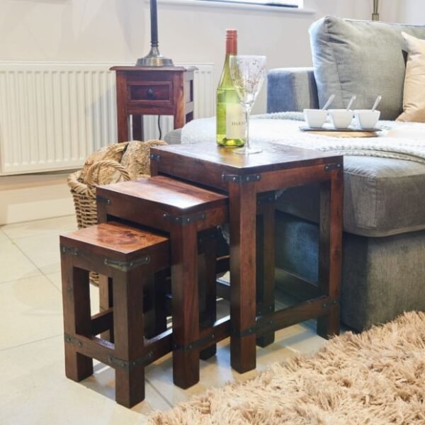 Solid Sheesham Wood Nest of Tables For Living Room in Honey Finish
