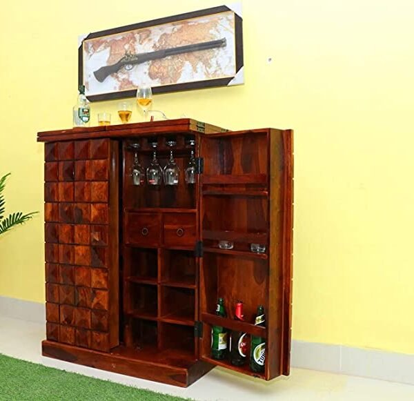 Solid Sheesham Wood Bar Cabinet with Wine Glass Storage for Home | Mini Bar Cabinet Rack with Drawer,Honey Oak