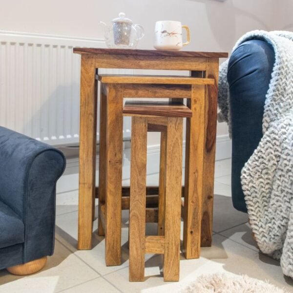 Solid Sheesham Wood Nest of Tables For Living Room in Light Finish