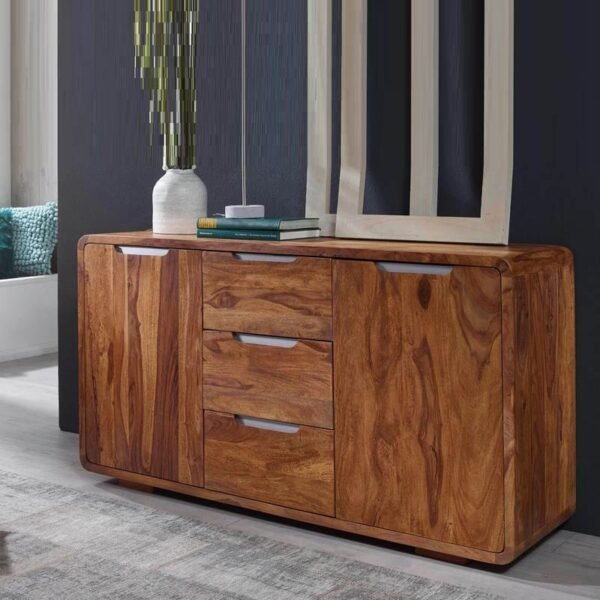 Solid Sheesham Wood Sideboard With Drawer & Doors For Living Room (Honey Finish)