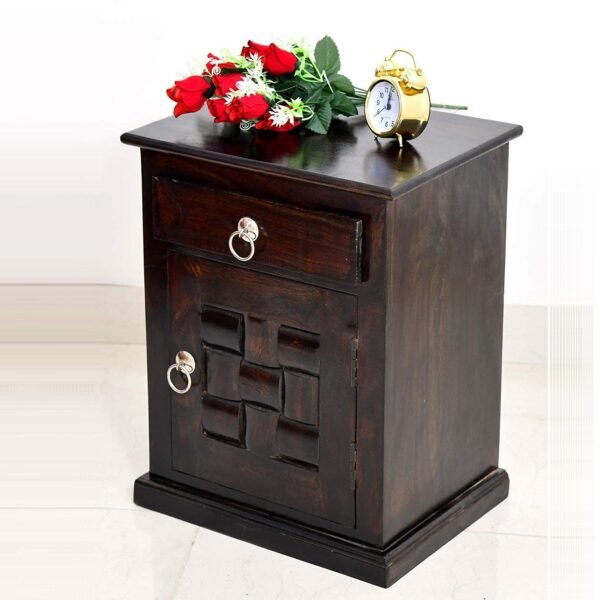 Solid Sheesham Wood Bedside Table With Drawer For Bedroom (Walnut Finish)