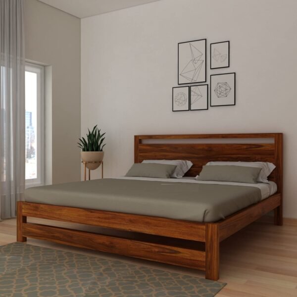 Solid Sheesham Wood Queen Size Bed Without Storage for Bedroom (Natural Finish)