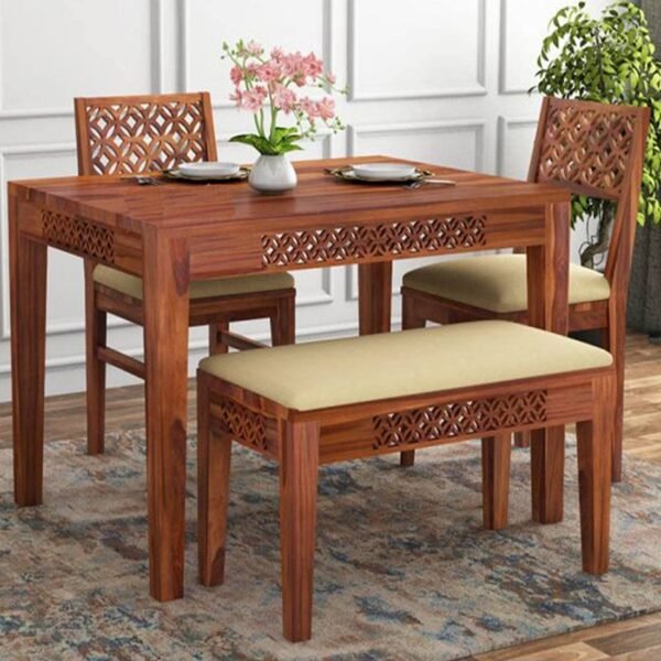 Solid Sheesham Wood 4 Seater Dining Set With Bench For Dining Room (Honey Finish)