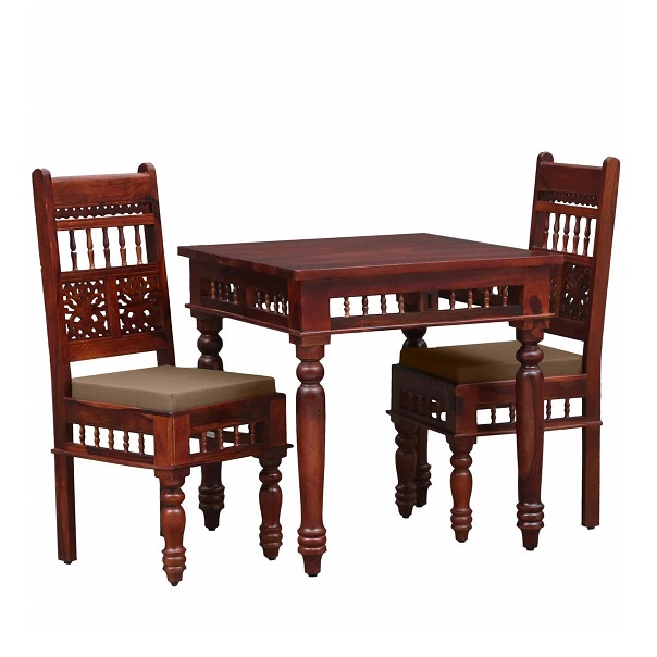 Solid Sheesham Wood 2 Seater Dining Table Set For Dining Room (Mahogany Finish)