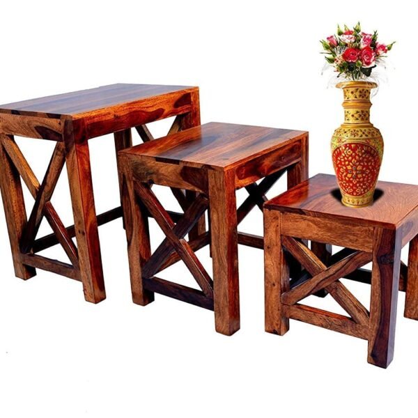 Furnisquare Wooden Nesting Tables Set of 3 Stools for Decor